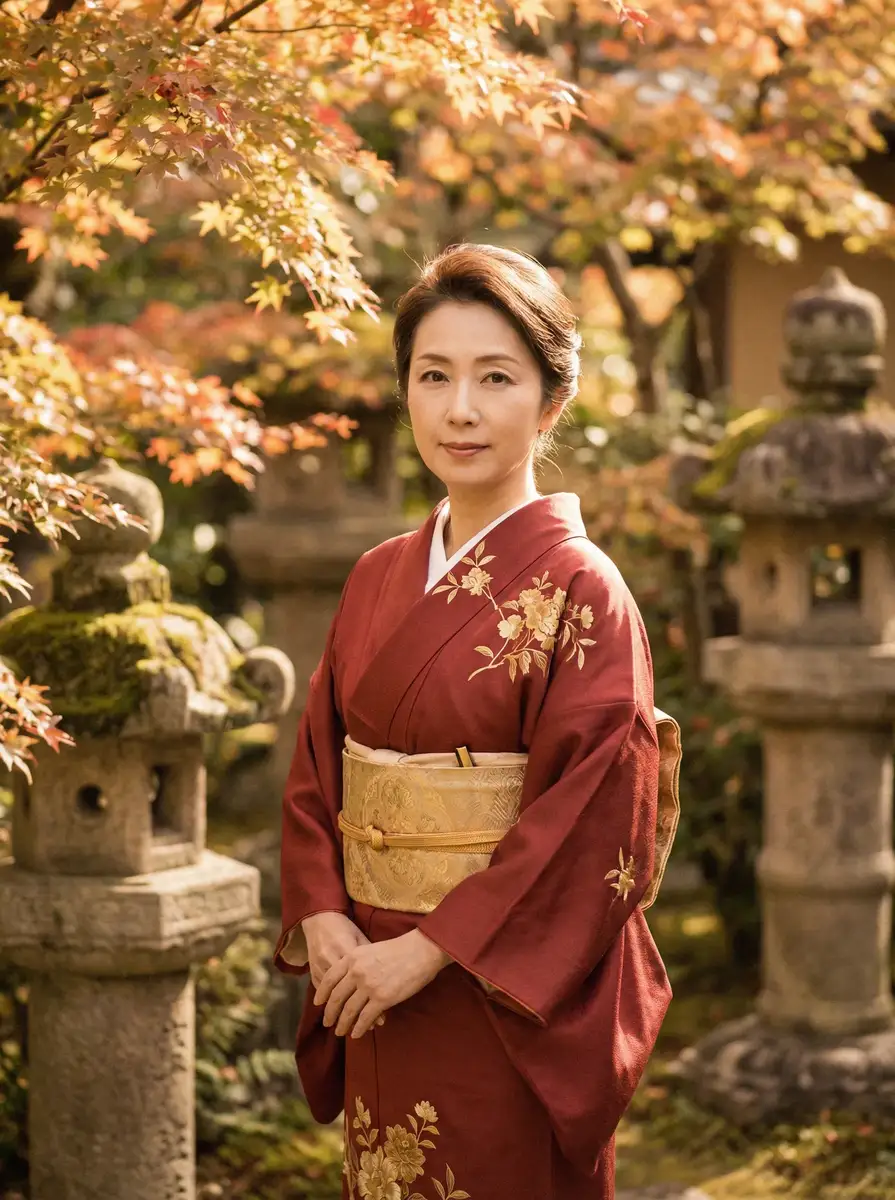 一位身穿暗红色和服的优雅 松下纱荣子 在日式庭院中